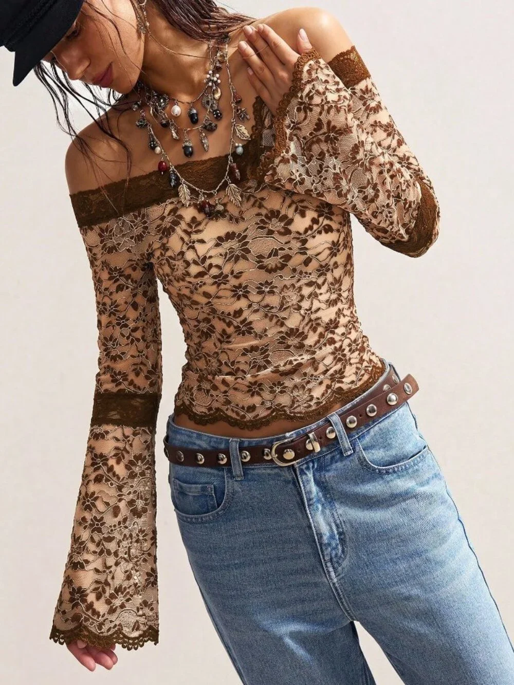 Brown Boho Casual Women's Knit Off-Shoulder Flare Long Sleeve Fitted Top